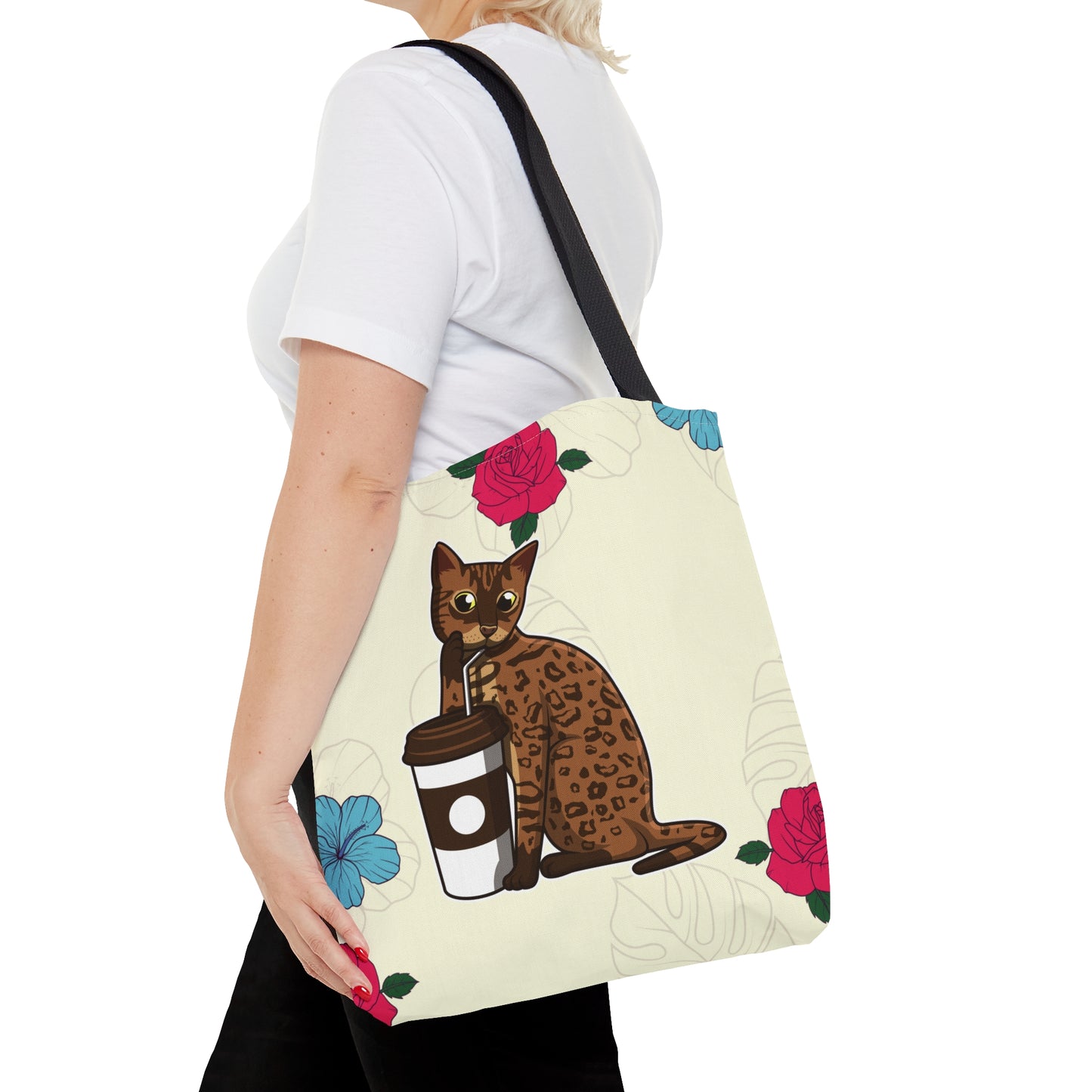 Cream Tote Bag Of A Cartoon Bengal Cat Drinking Through A Straw And Flowers Design