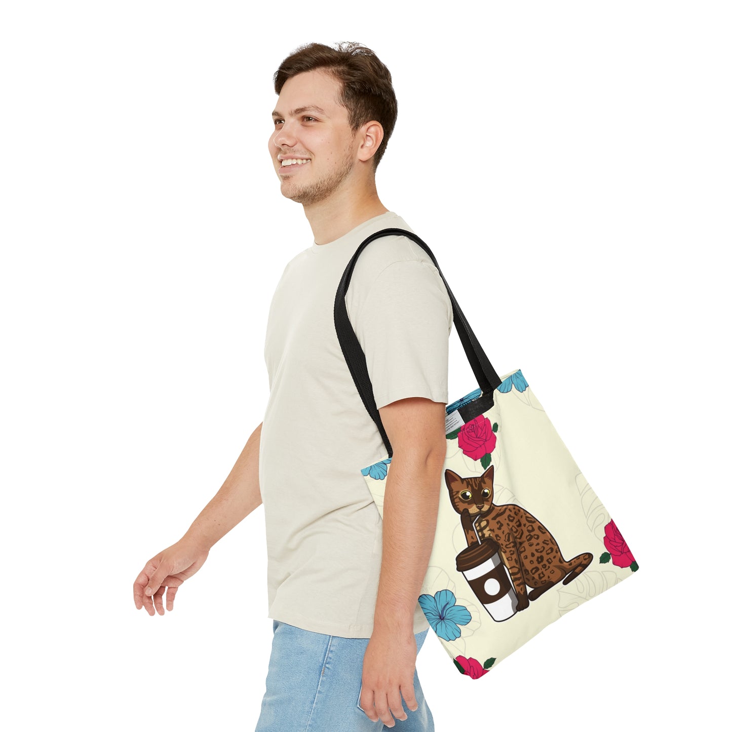 Cream Tote Bag Of A Cartoon Bengal Cat Drinking Through A Straw And Flowers Design