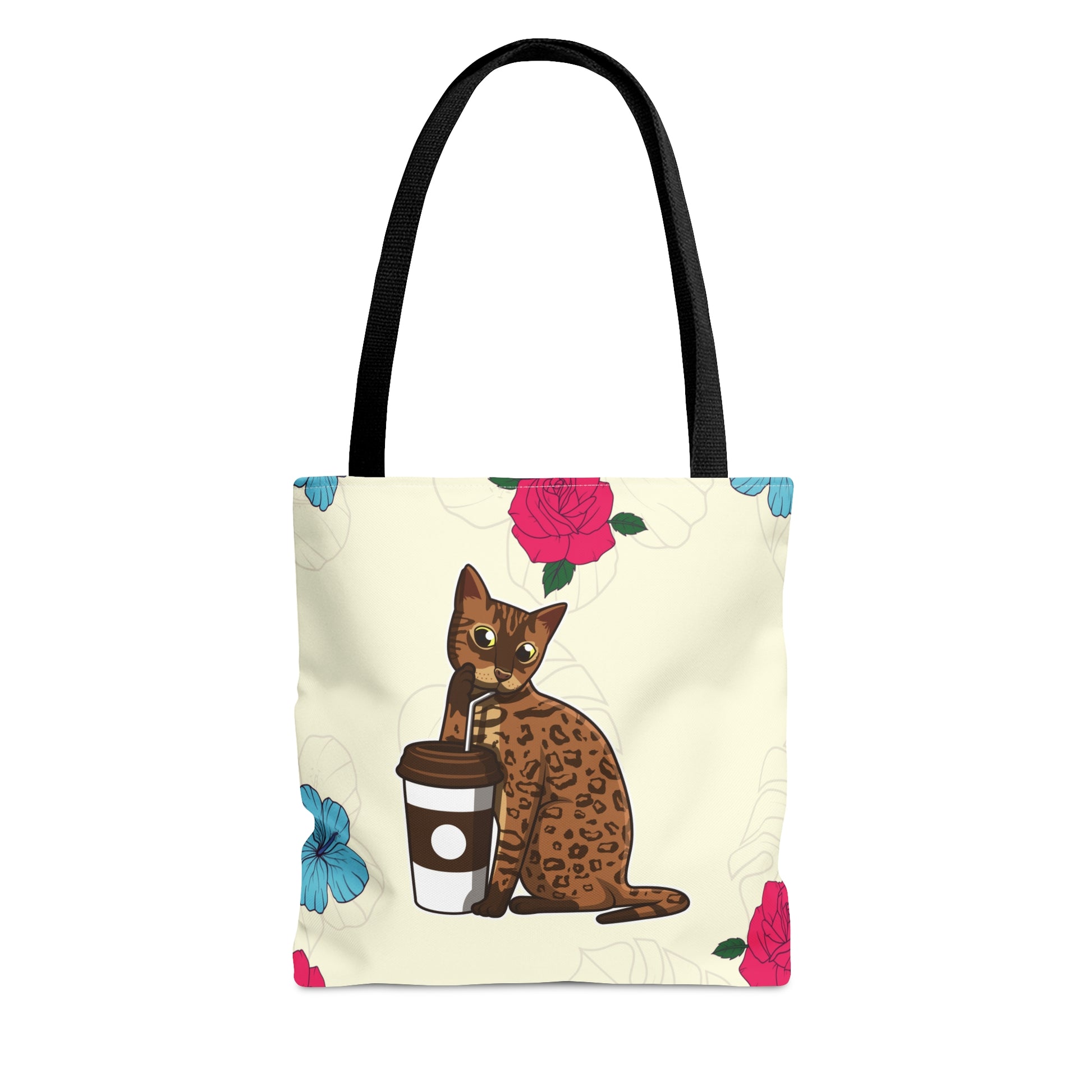 Cream Tote Bag Of A Cartoon Bengal Cat Drinking Through A Straw And Flowers Design
