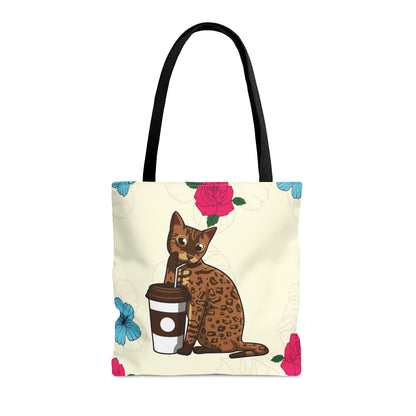 Cream Tote Bag Of A Cartoon Bengal Cat Drinking Through A Straw And Flowers Design
