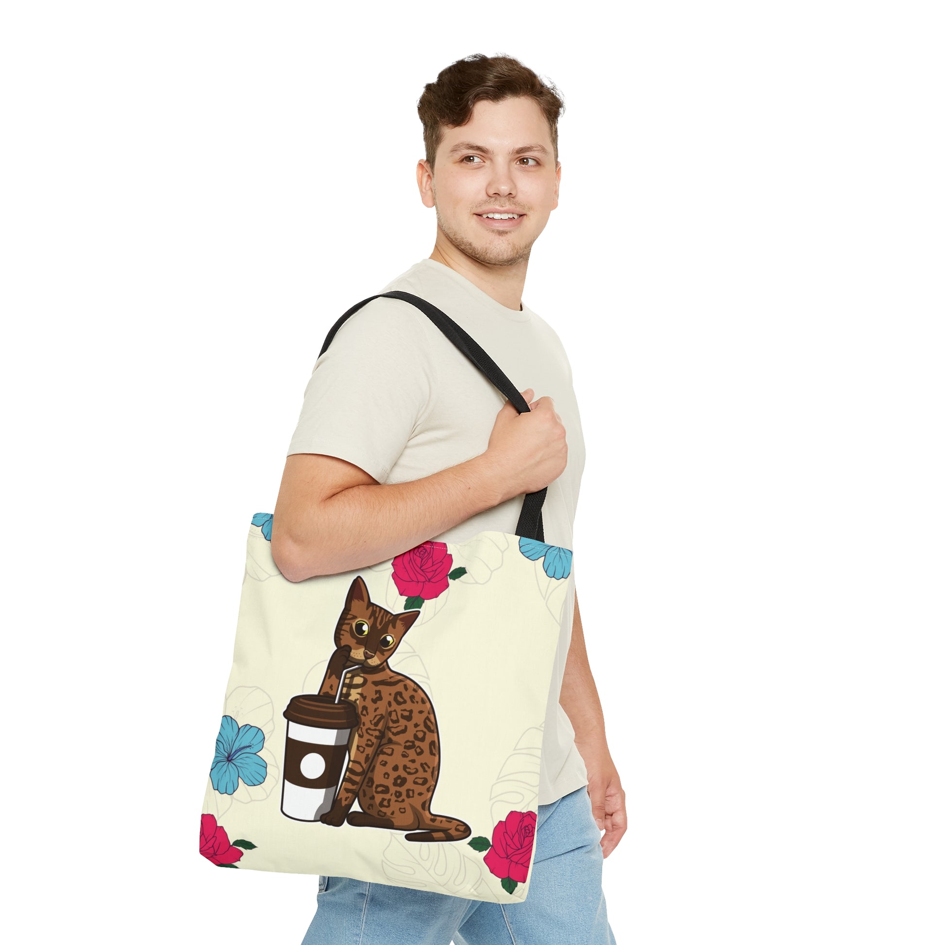 Cream Tote Bag Of A Cartoon Bengal Cat Drinking Through A Straw And Flowers Design