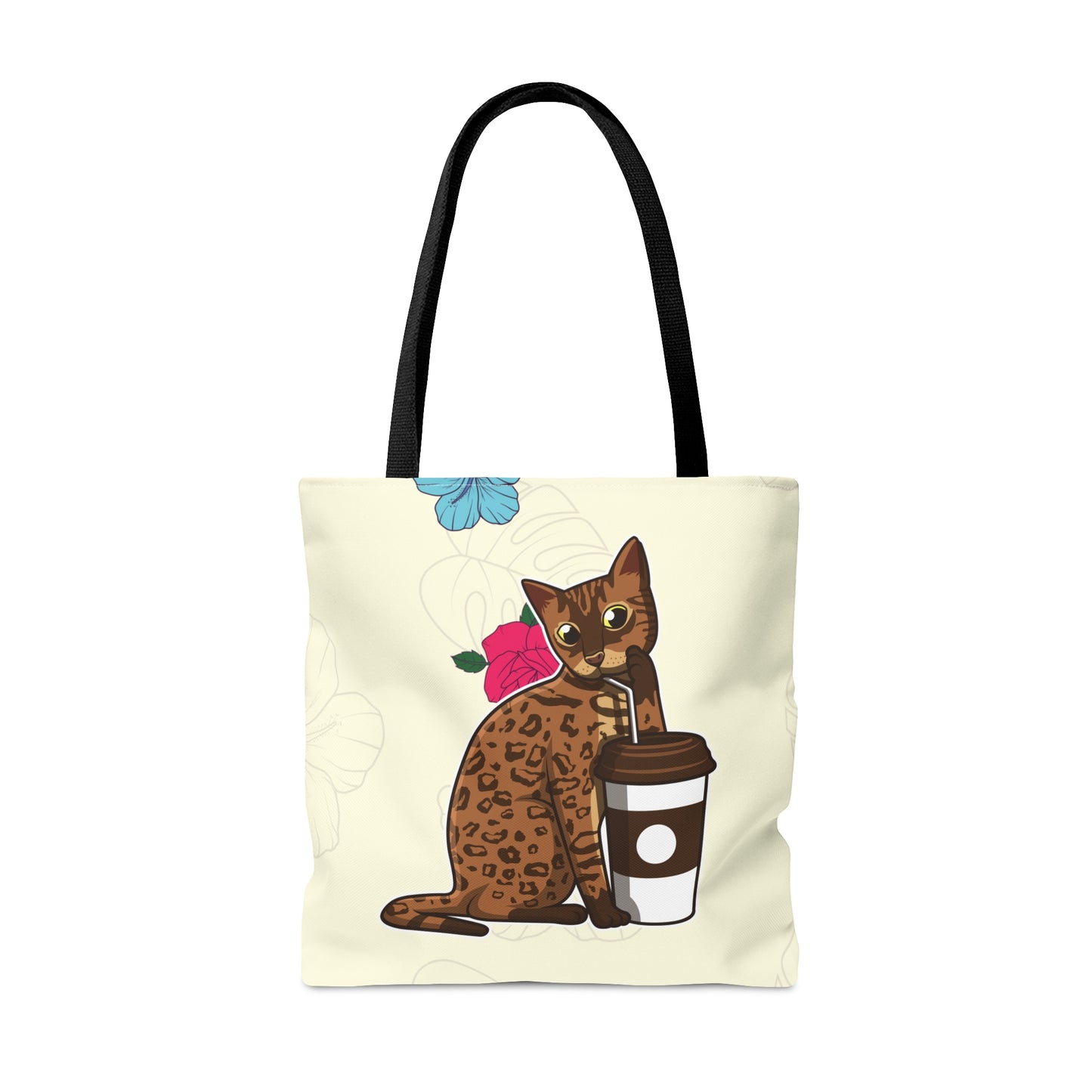 Cream Tote Bag Of A Cartoon Bengal Cat Drinking Through A Straw And Flowers Design