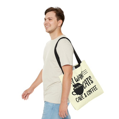 Cream Tote bag with 'I Want Cats, Cake & Coffee' text with cat & coffee cup graphic
