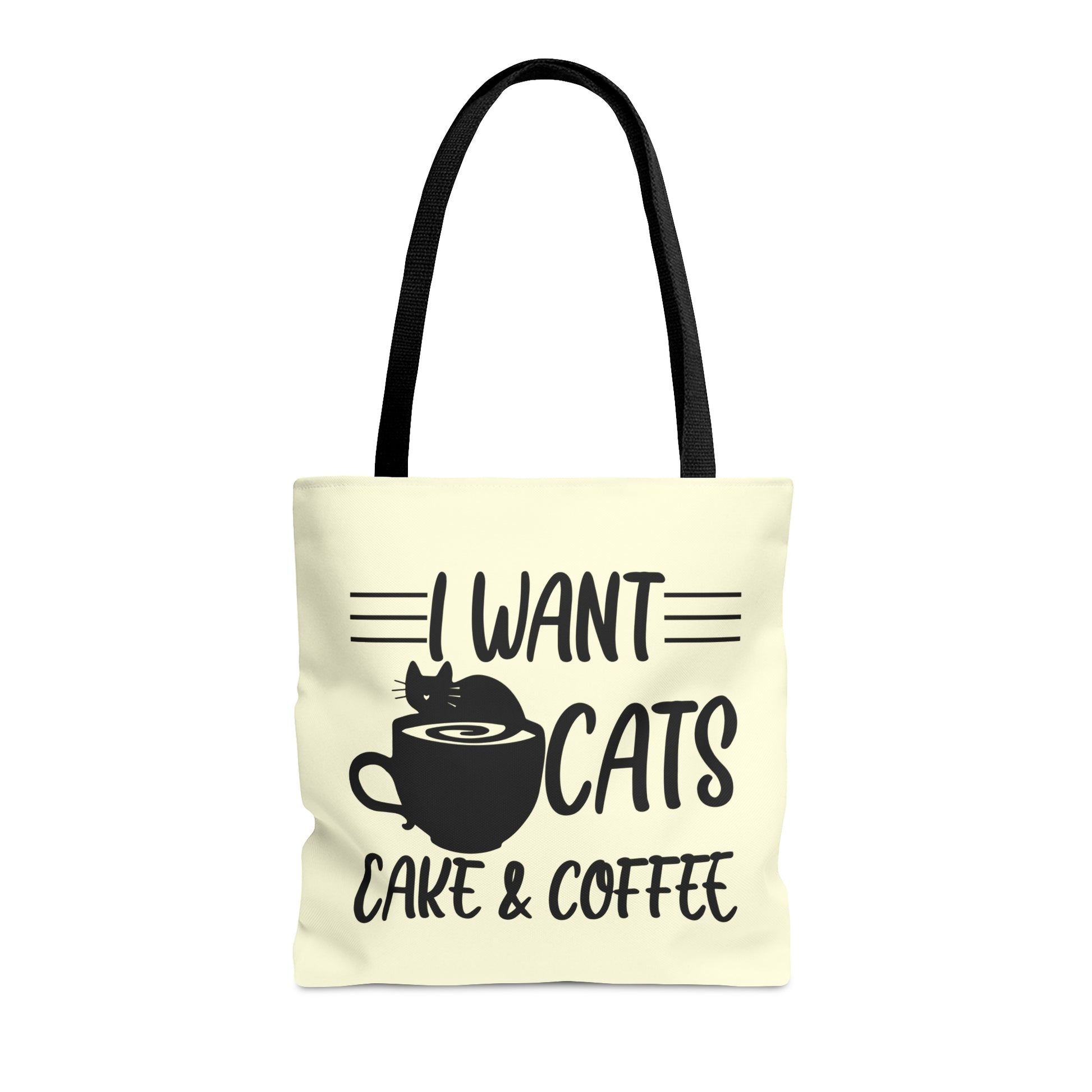 Cream Tote bag with 'I Want Cats, Cake & Coffee' text with cat & coffee cup graphic