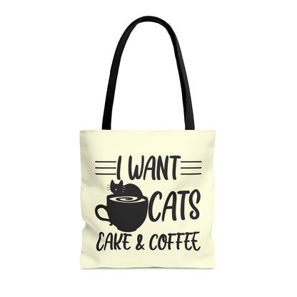 Cream Tote bag with 'I Want Cats, Cake & Coffee' text with cat & coffee cup graphic