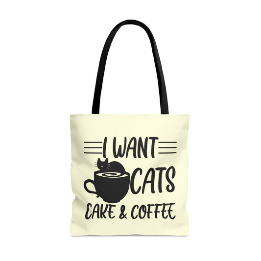 Cream Tote bag with 'I Want Cats, Cake & Coffee' text with cat & coffee cup graphic
