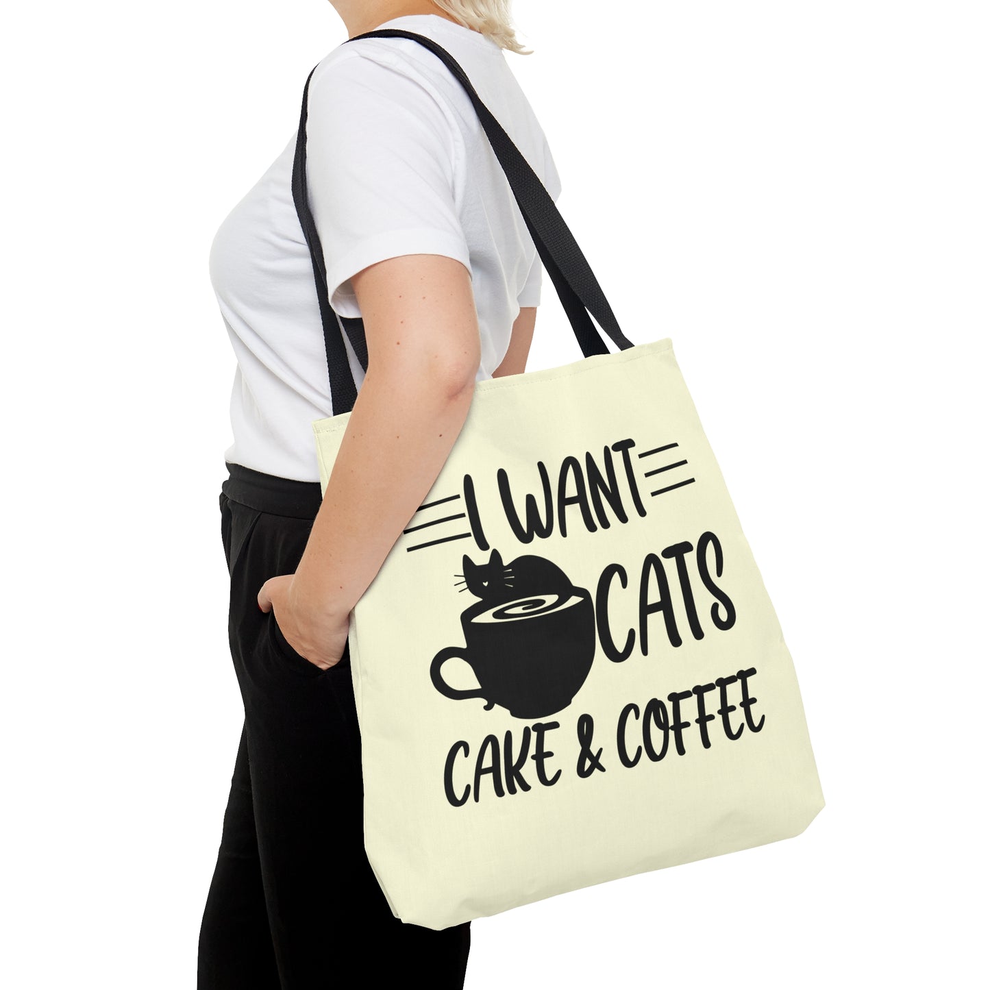 Cream Tote bag with 'I Want Cats, Cake & Coffee' text with cat & coffee cup graphic