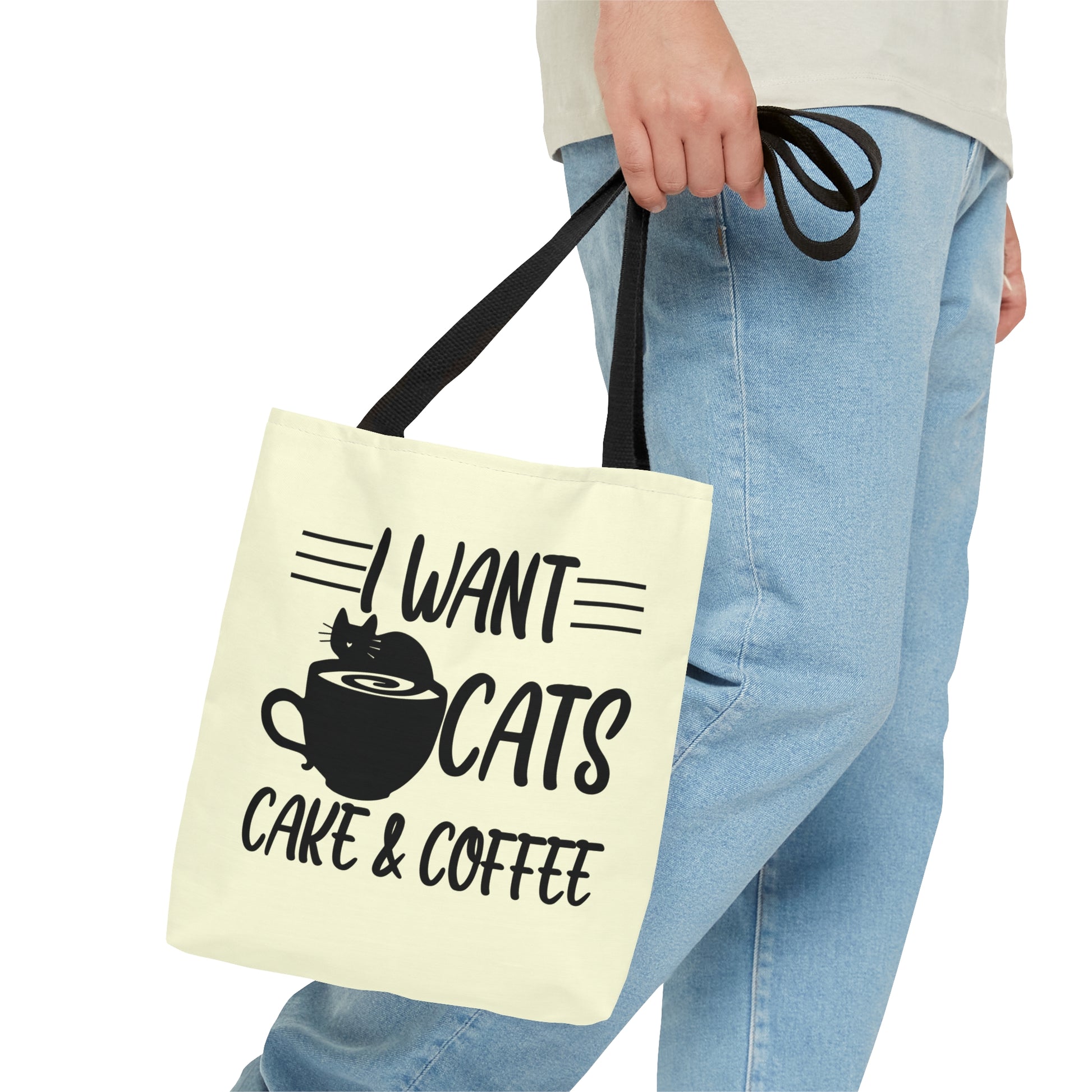 Cream Tote bag with 'I Want Cats, Cake & Coffee' text with cat & coffee cup graphic