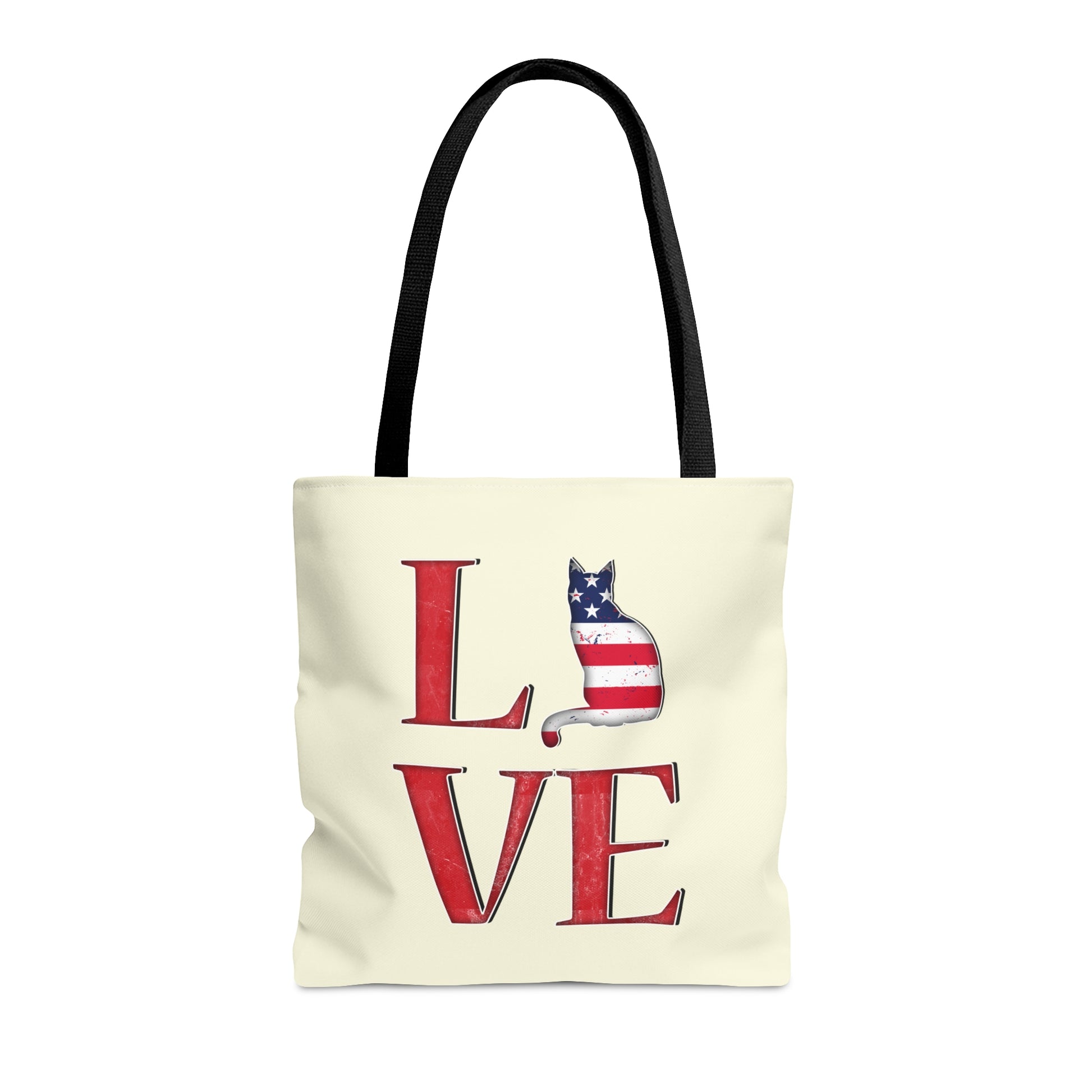 Cream color Tote bag with 'LOVE' text and cat silhouette design with a Stars & Stripes theme