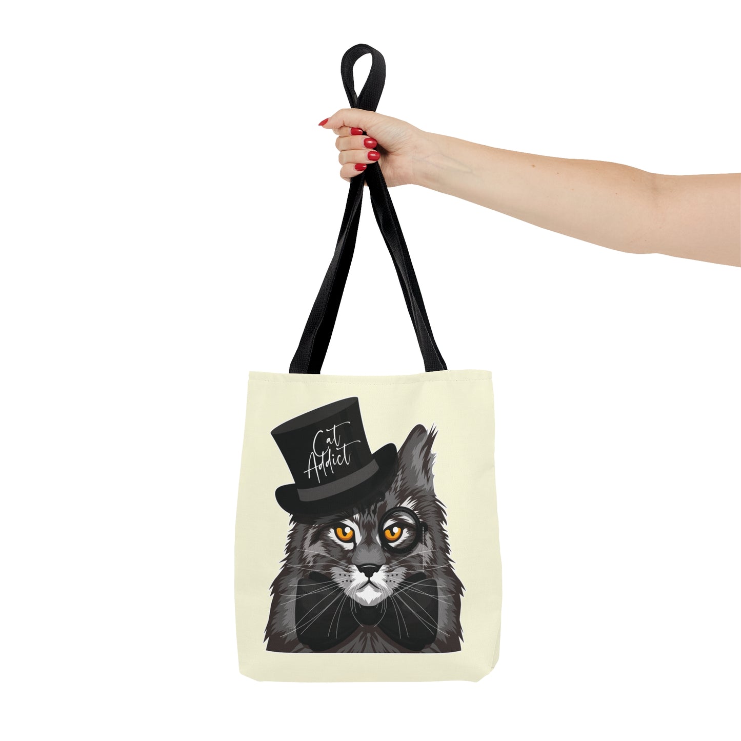 Cream Tote bag with a Maine Coon cat illustration and the text "Cat Addict." 