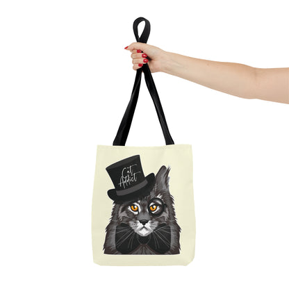 Cream Tote bag with a Maine Coon cat illustration and the text "Cat Addict." 