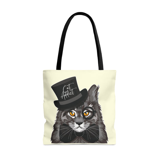 Cream Tote bag with a Maine Coon cat illustration and the text "Cat Addict." 