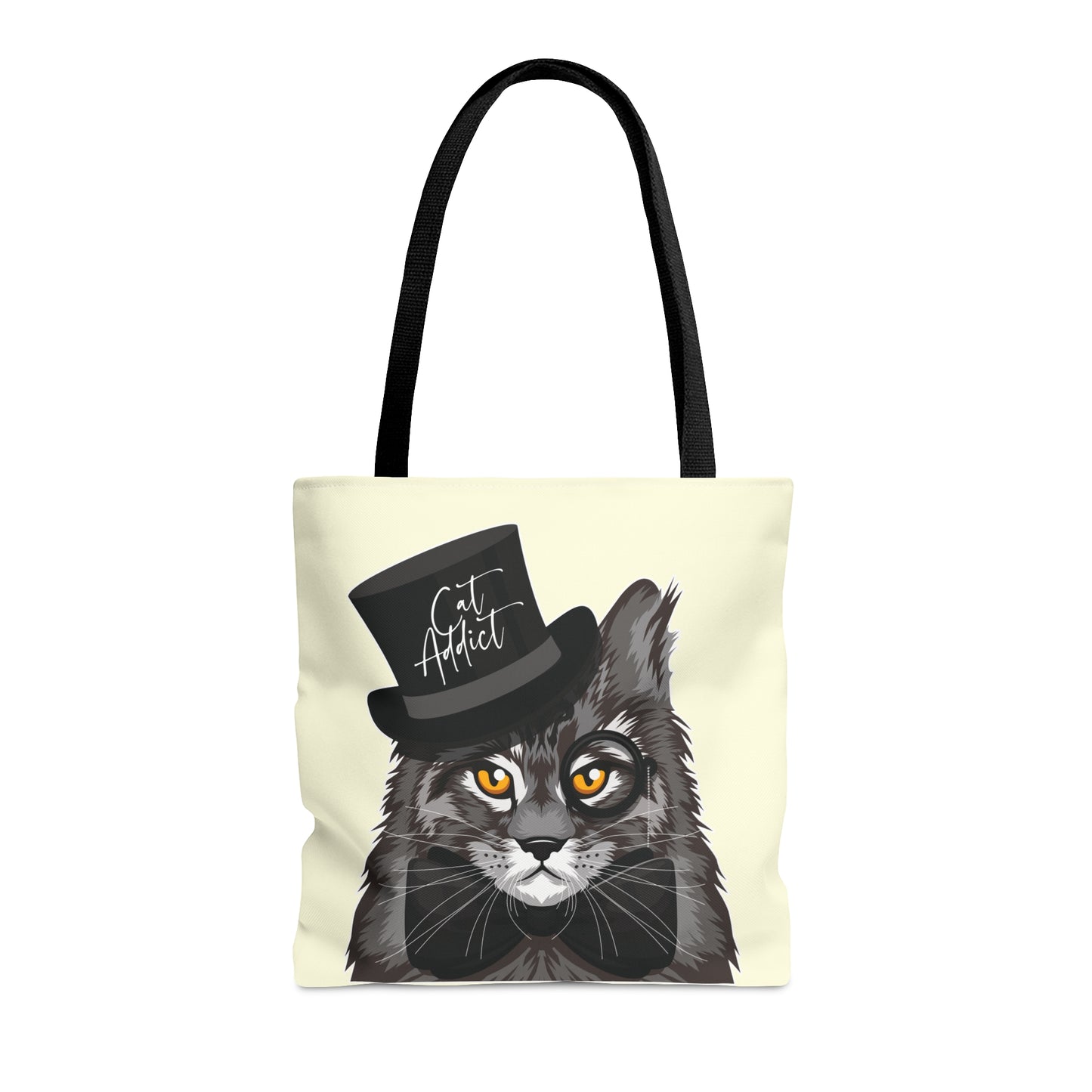 Cream Tote bag with a Maine Coon cat illustration and the text "Cat Addict." 