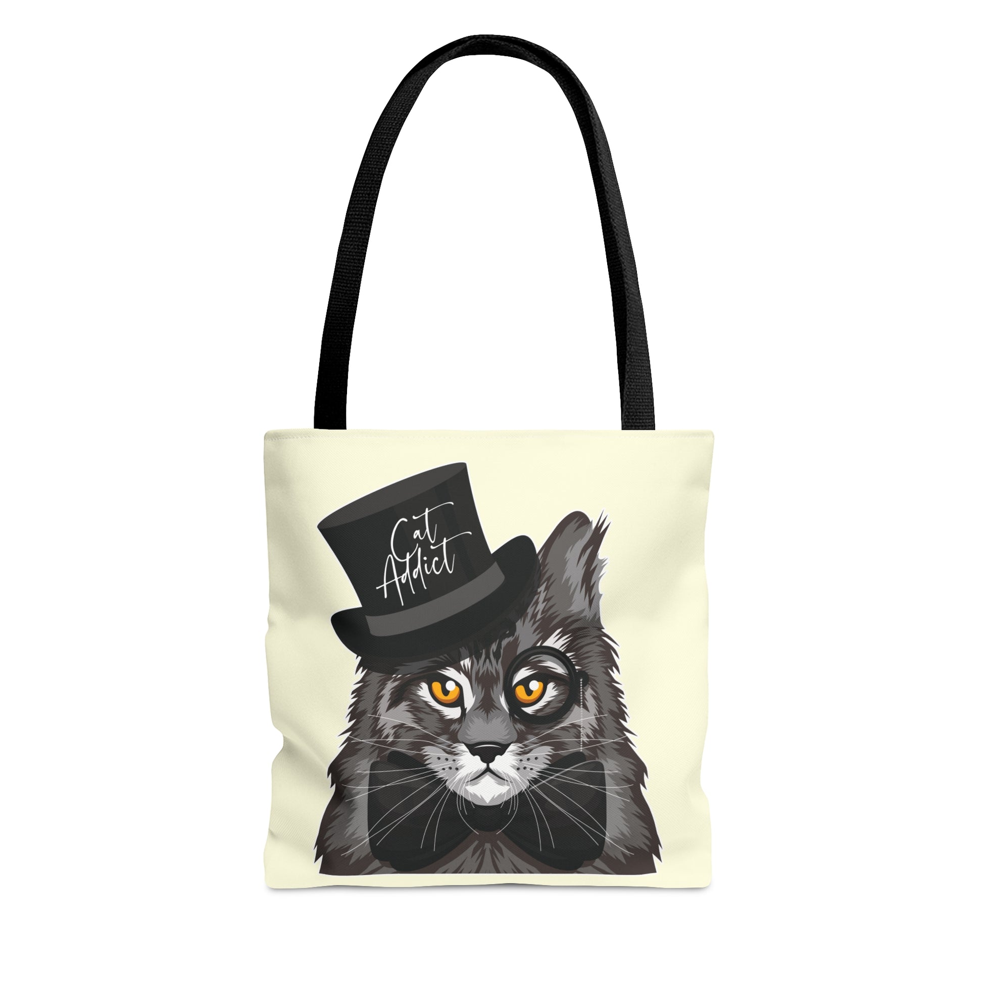 Cream Tote bag with a Maine Coon cat illustration and the text "Cat Addict." 