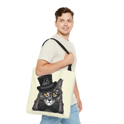 Cream Tote bag with a Maine Coon cat illustration and the text "Cat Addict." 