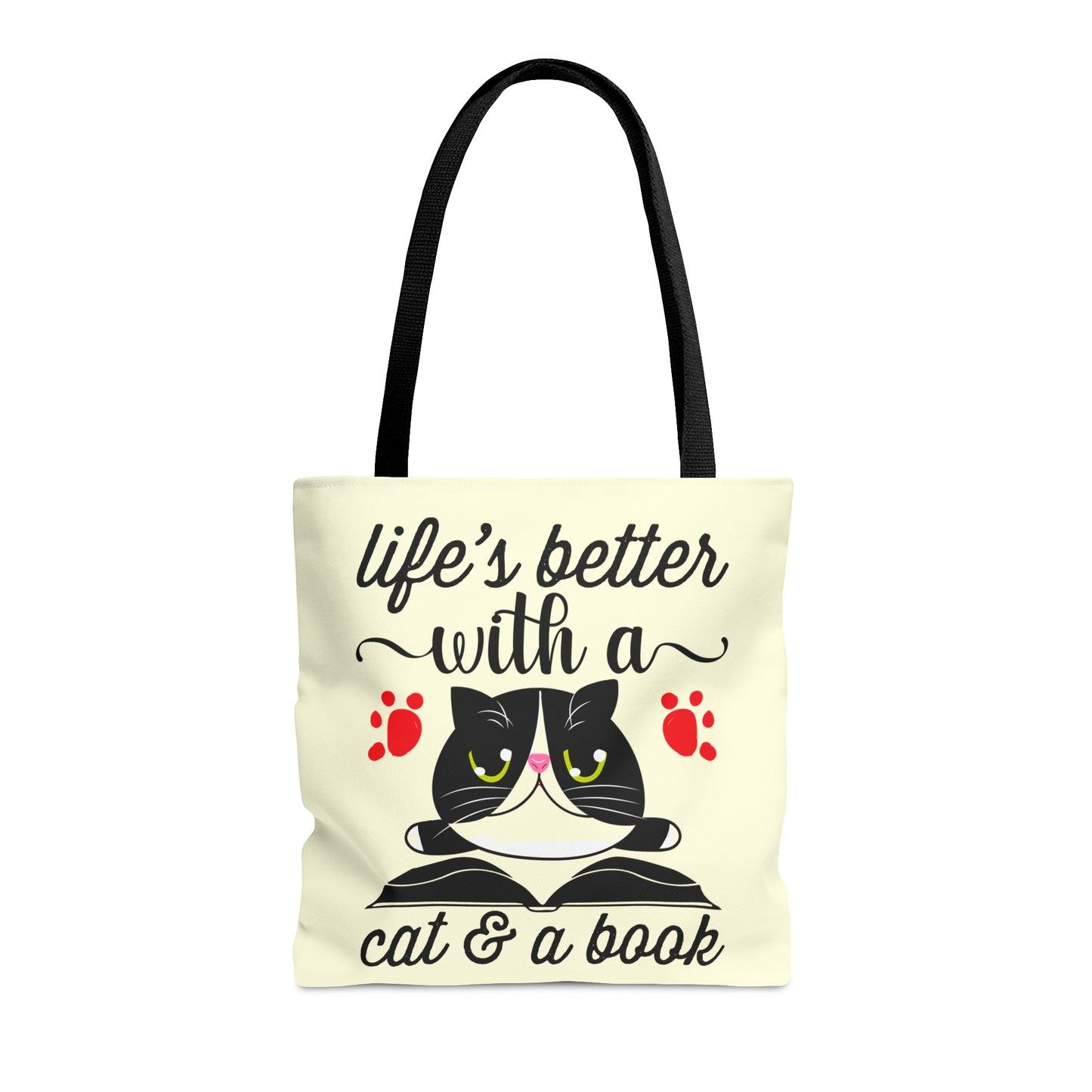Cream Tote bag with a cat illustration and text 'life's better with a cat & a book'  