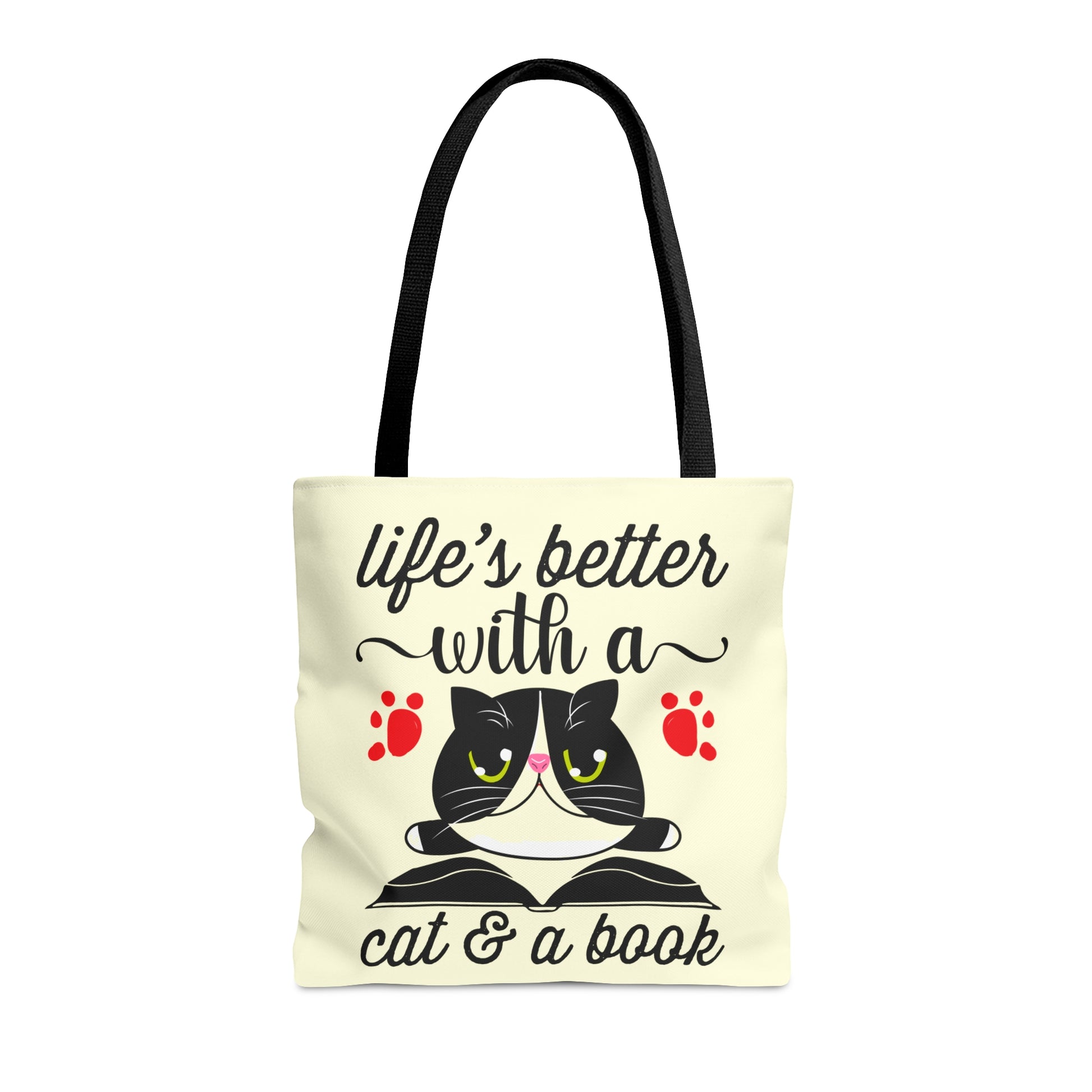 Cream Tote bag with a cat illustration and text 'life's better with a cat & a book'  