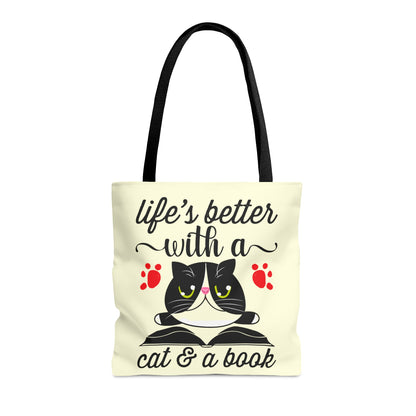 Cream Tote bag with a cat illustration and text 'life's better with a cat & a book'  