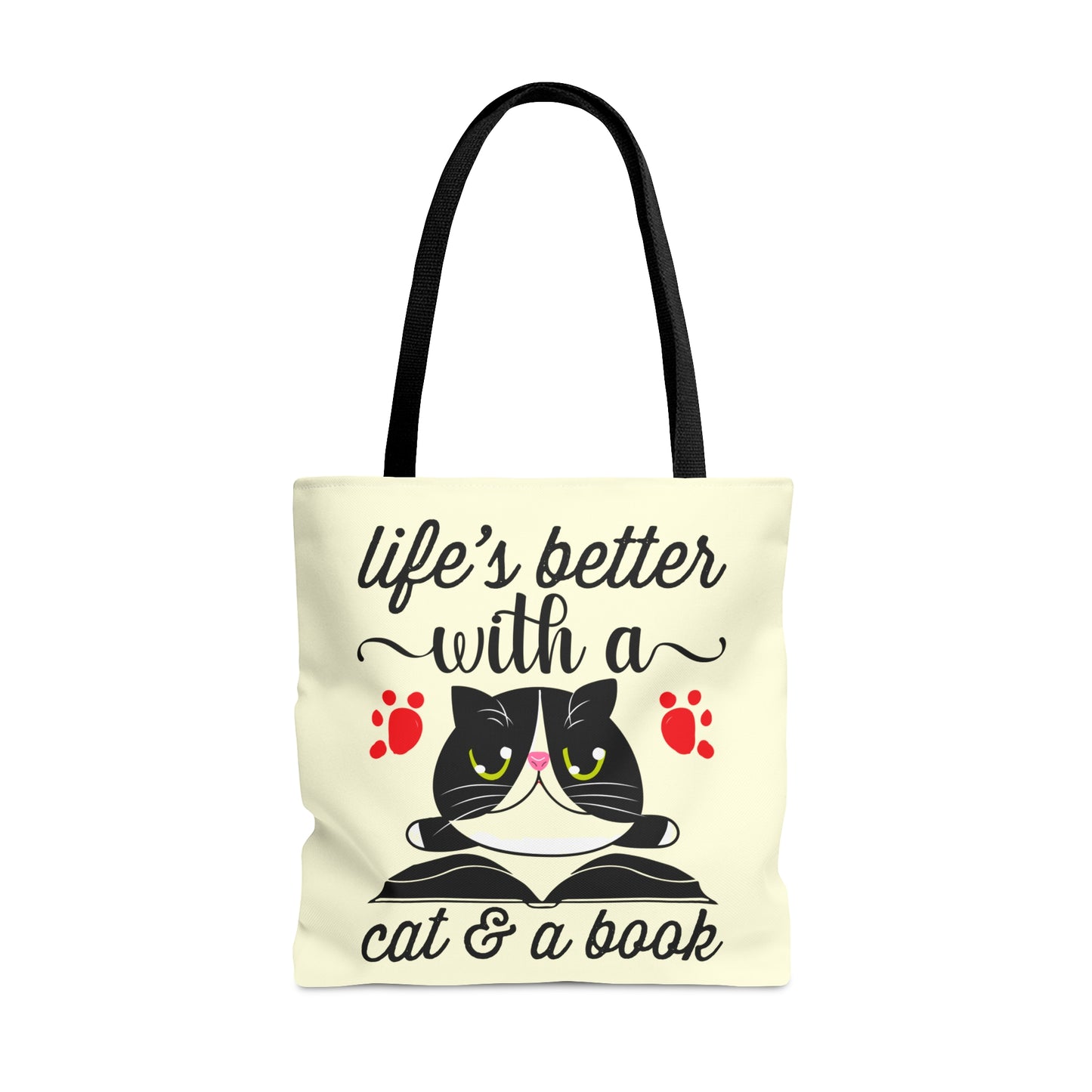 Cream Tote bag with a cat illustration and text 'life's better with a cat & a book'  