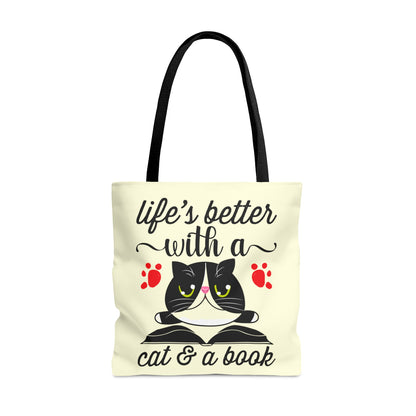 Cream Tote bag with a cat illustration and text 'life's better with a cat & a book'  