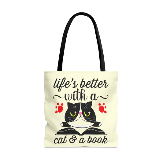 Cream Tote bag with a cat illustration and text 'life's better with a cat & a book'  