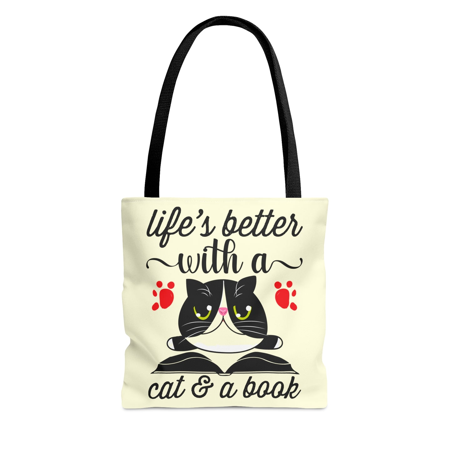 Cream Tote bag with a cat illustration and text 'life's better with a cat & a book'  