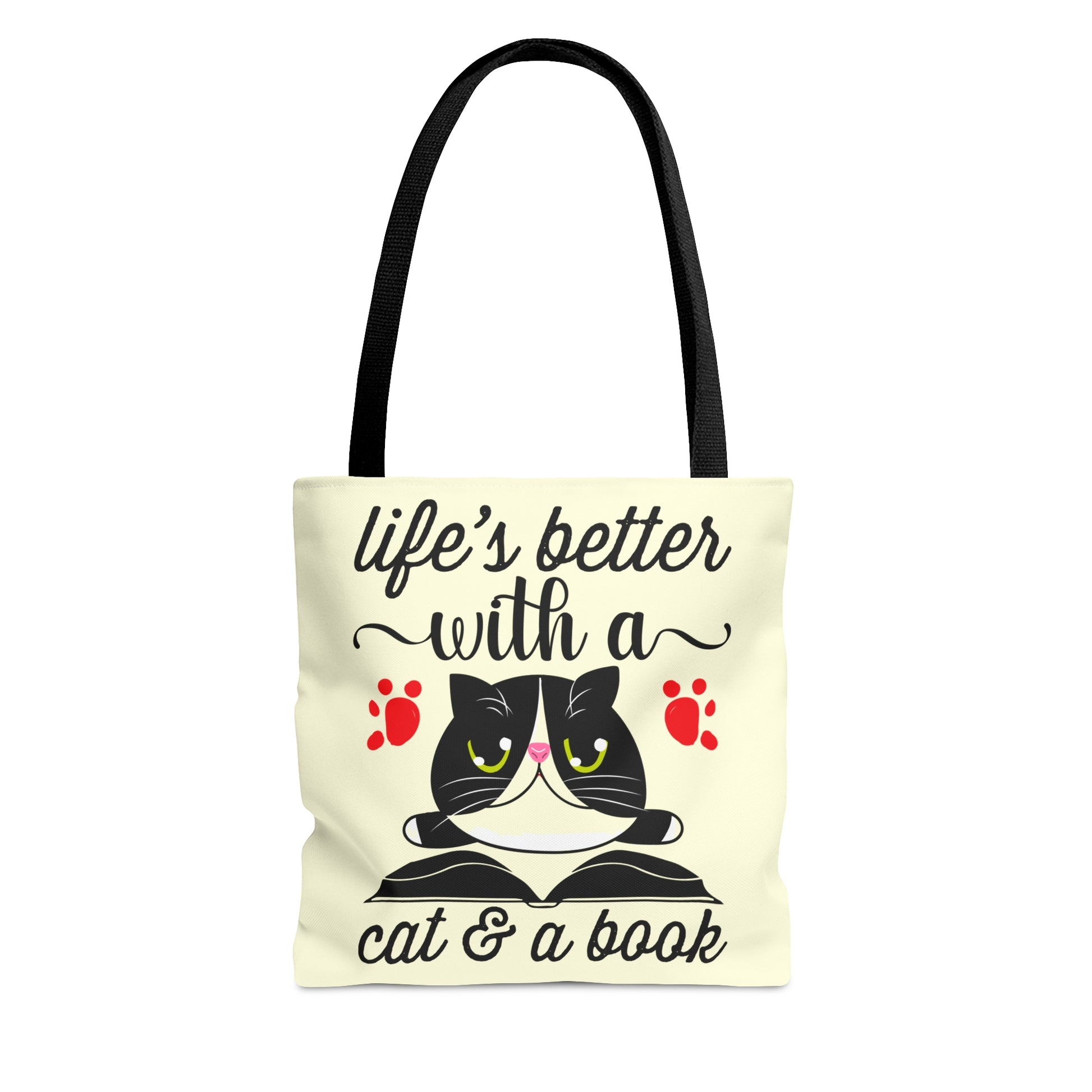 Cream Tote bag with a cat illustration and text 'life's better with a cat & a book'  