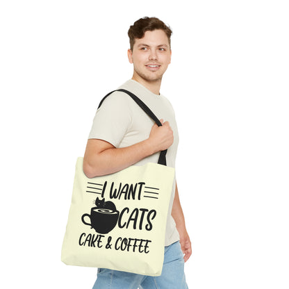Cream Tote bag with 'I Want Cats, Cake & Coffee' text with cat & coffee cup graphic