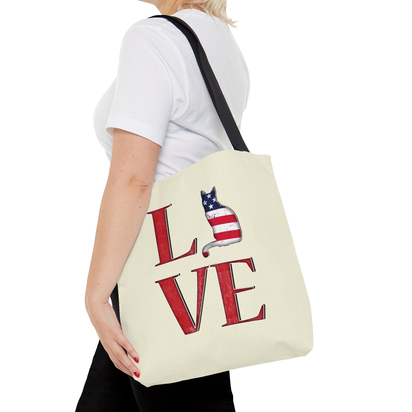 Cream color Tote bag with 'LOVE' text and cat silhouette design with a Stars & Stripes theme