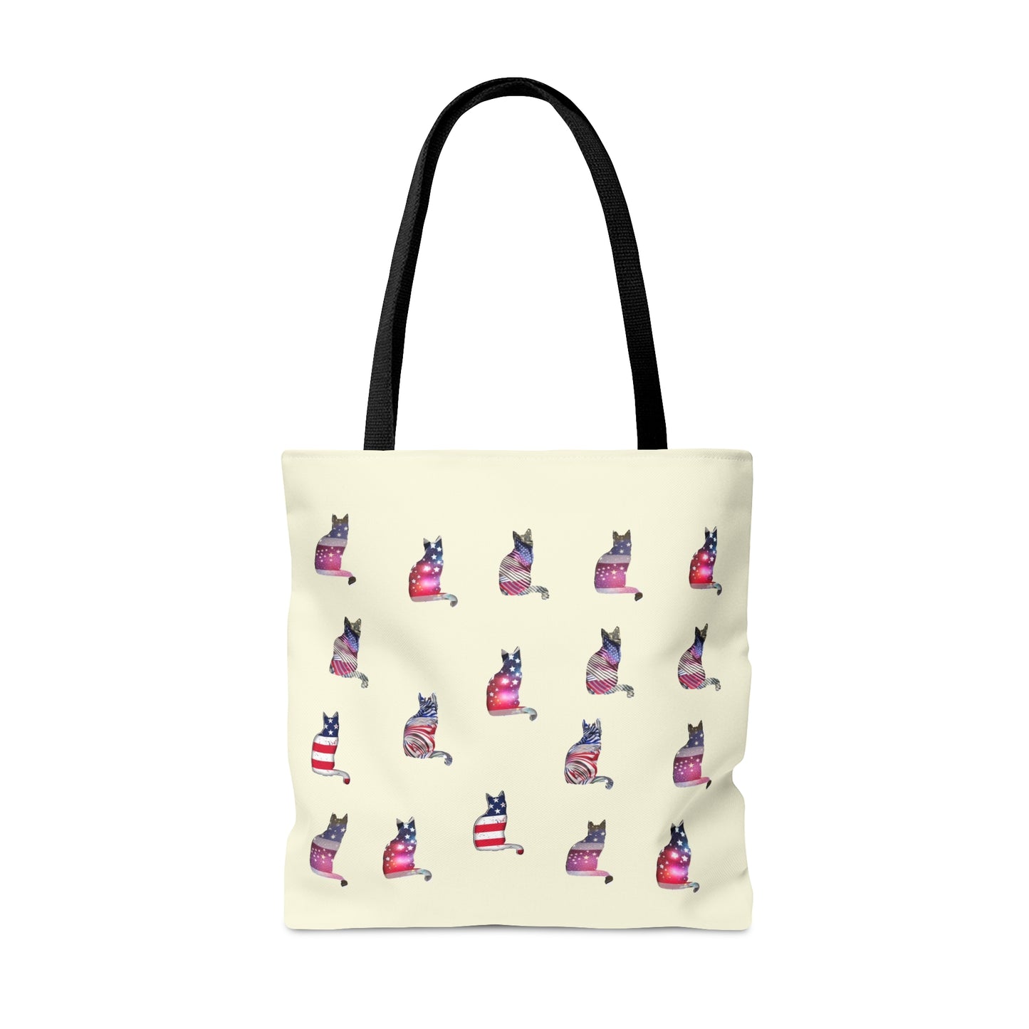 Cream color Tote bag with 'LOVE' text and cat silhouette design with a Stars & Stripes theme