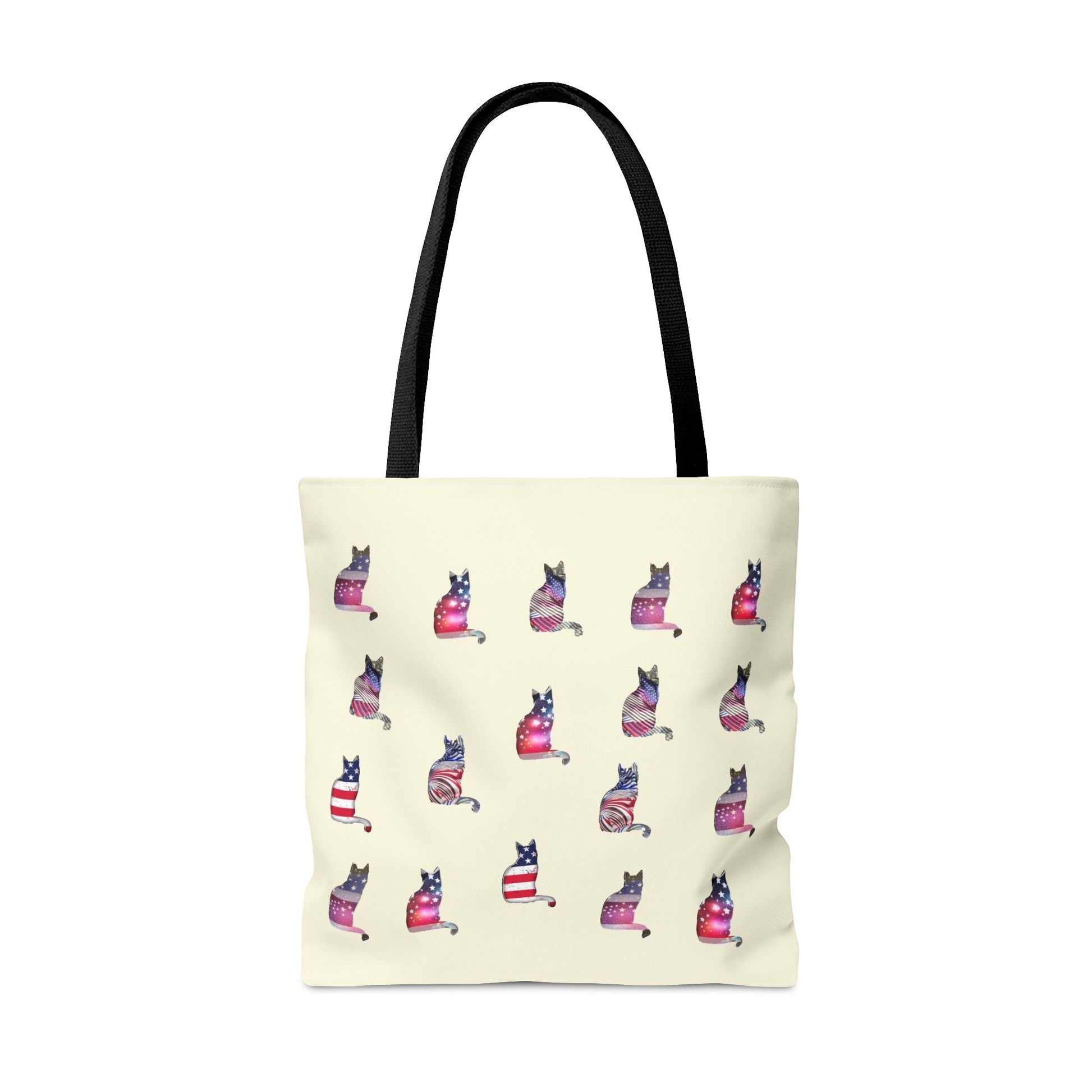 Cream color Tote bag with 'LOVE' text and cat silhouette design with a Stars & Stripes theme