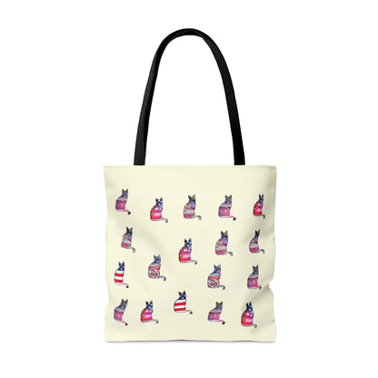 Cream color Tote bag with 'LOVE' text and cat silhouette design with a Stars & Stripes theme