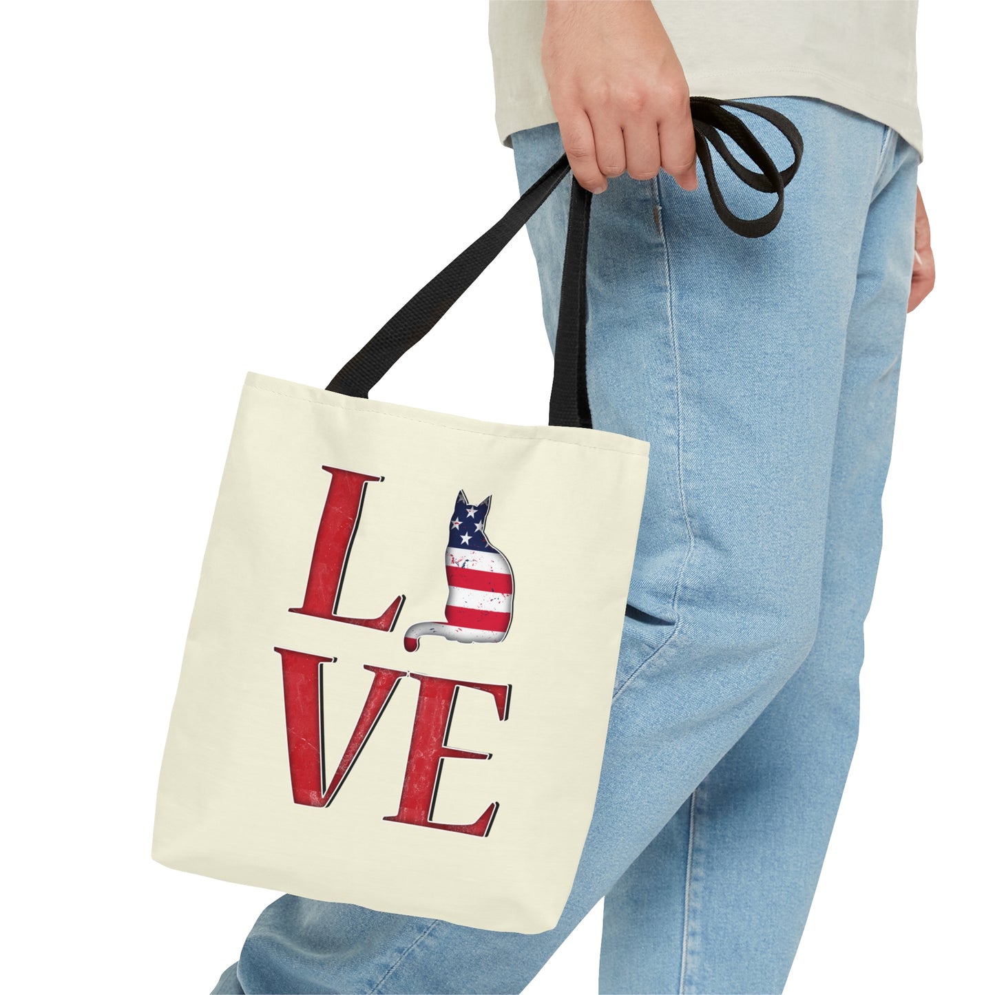 Cream color Tote bag with 'LOVE' text and cat silhouette design with a Stars & Stripes theme