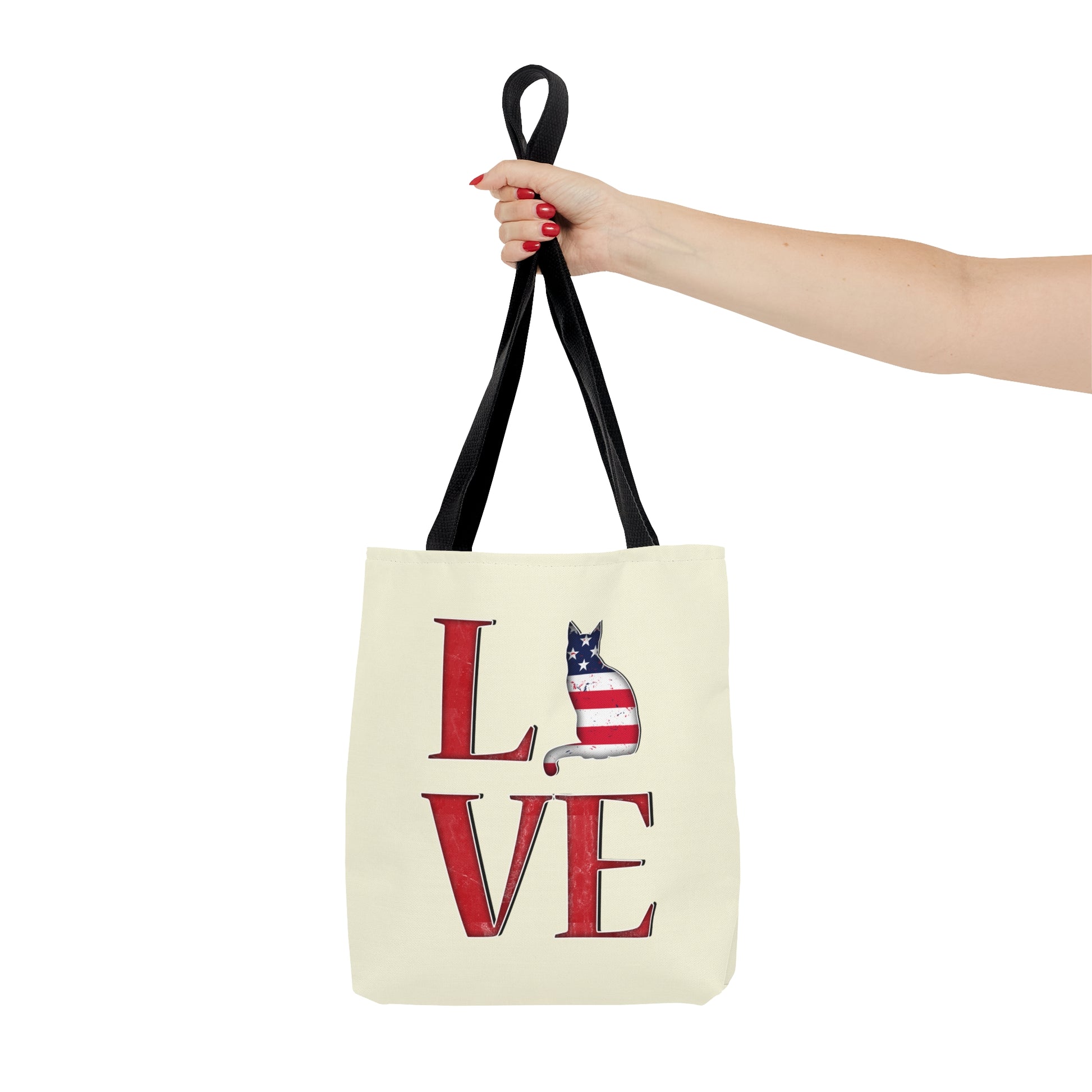 Cream color Tote bag with 'LOVE' text and cat silhouette design with a Stars & Stripes theme