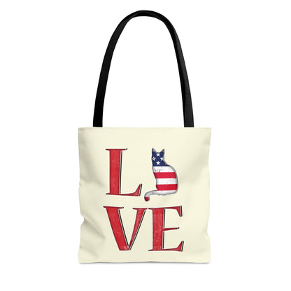 Cream color Tote bag with 'LOVE' text and cat silhouette design with a Stars & Stripes theme