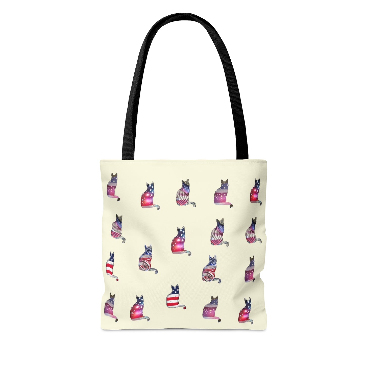 Cream color Tote bag with 'LOVE' text and cat silhouette design with a Stars & Stripes theme