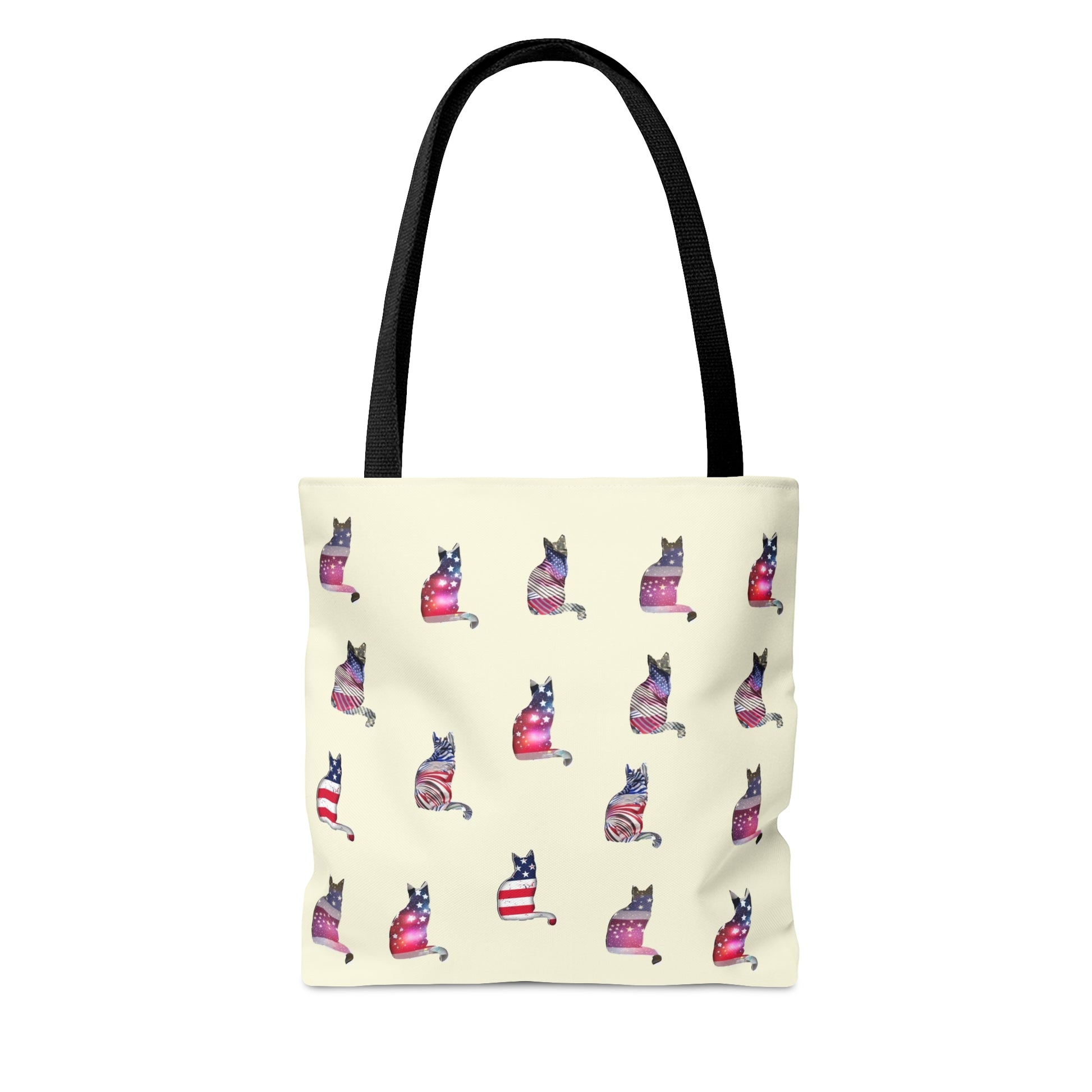 Cream color Tote bag with 'LOVE' text and cat silhouette design with a Stars & Stripes theme