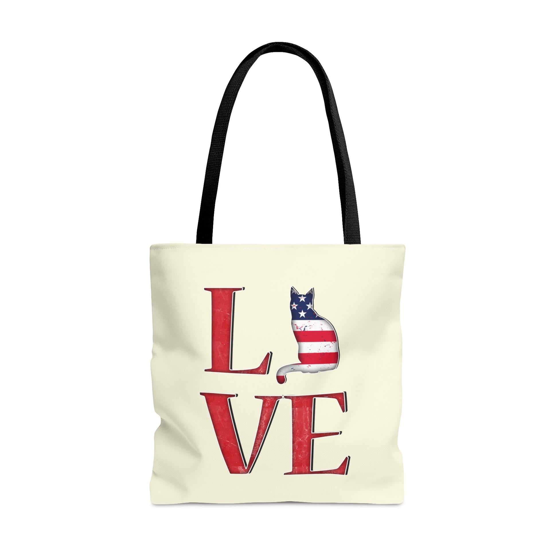Cream color Tote bag with 'LOVE' text and cat silhouette design with a Stars & Stripes theme