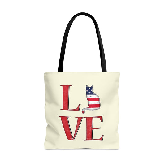 Cream color Tote bag with 'LOVE' text and cat silhouette design with a Stars & Stripes theme