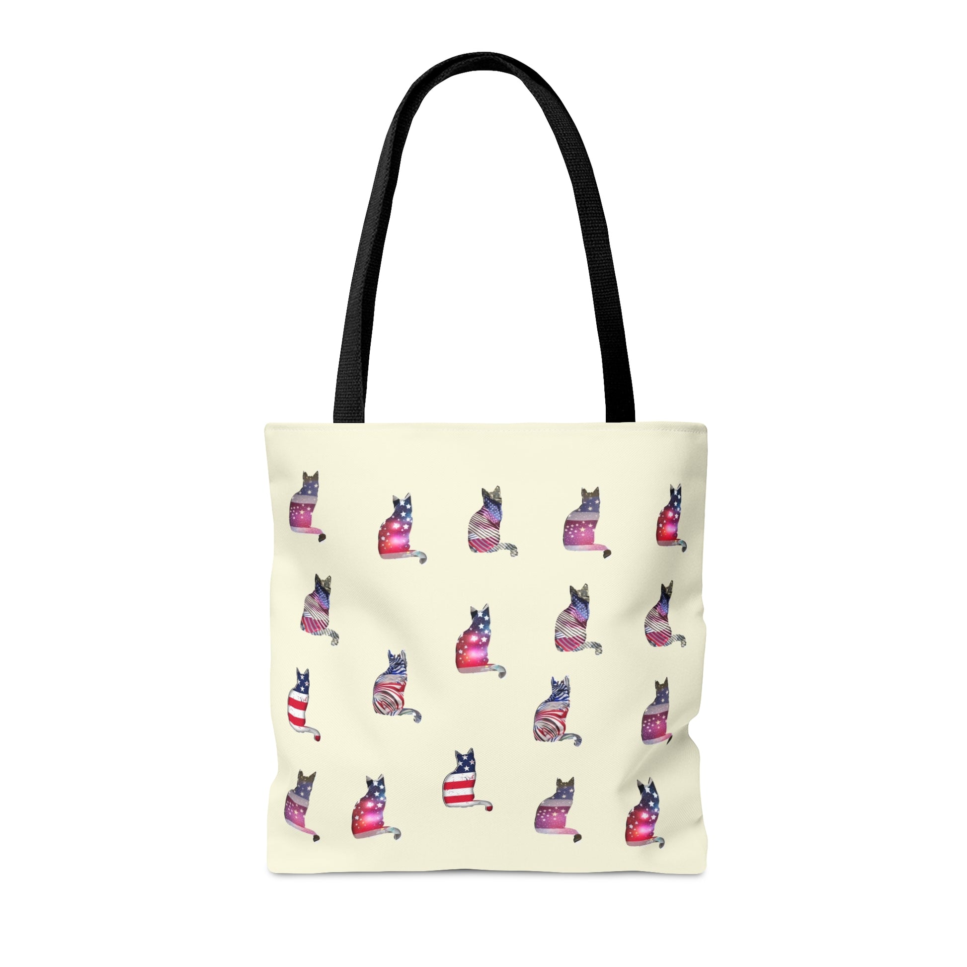 Cream color Tote bag with 'LOVE' text and cat silhouette design with a Stars & Stripes theme