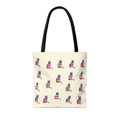 Cream color Tote bag with 'LOVE' text and cat silhouette design with a Stars & Stripes theme