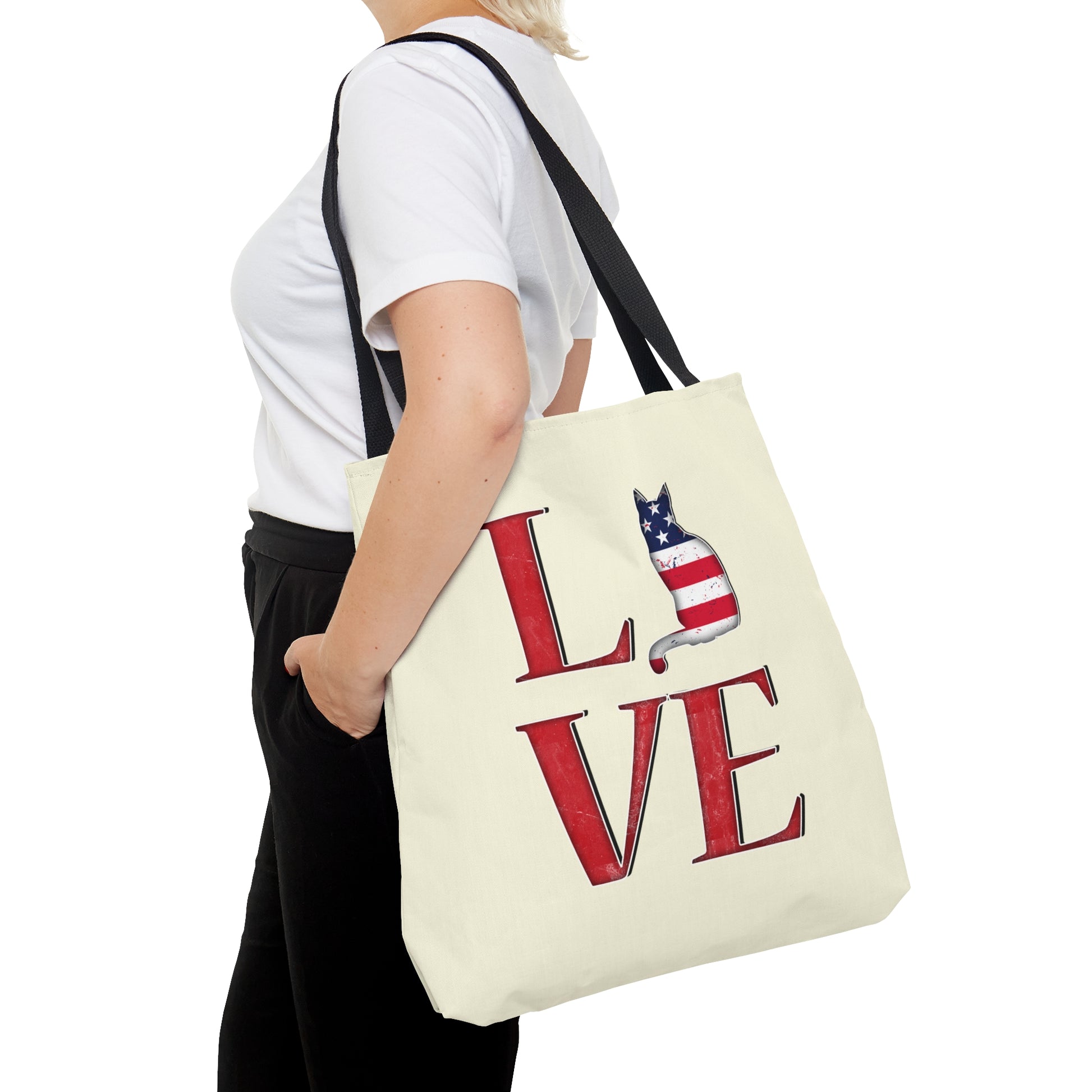 Cream color Tote bag with 'LOVE' text and cat silhouette design with a Stars & Stripes theme