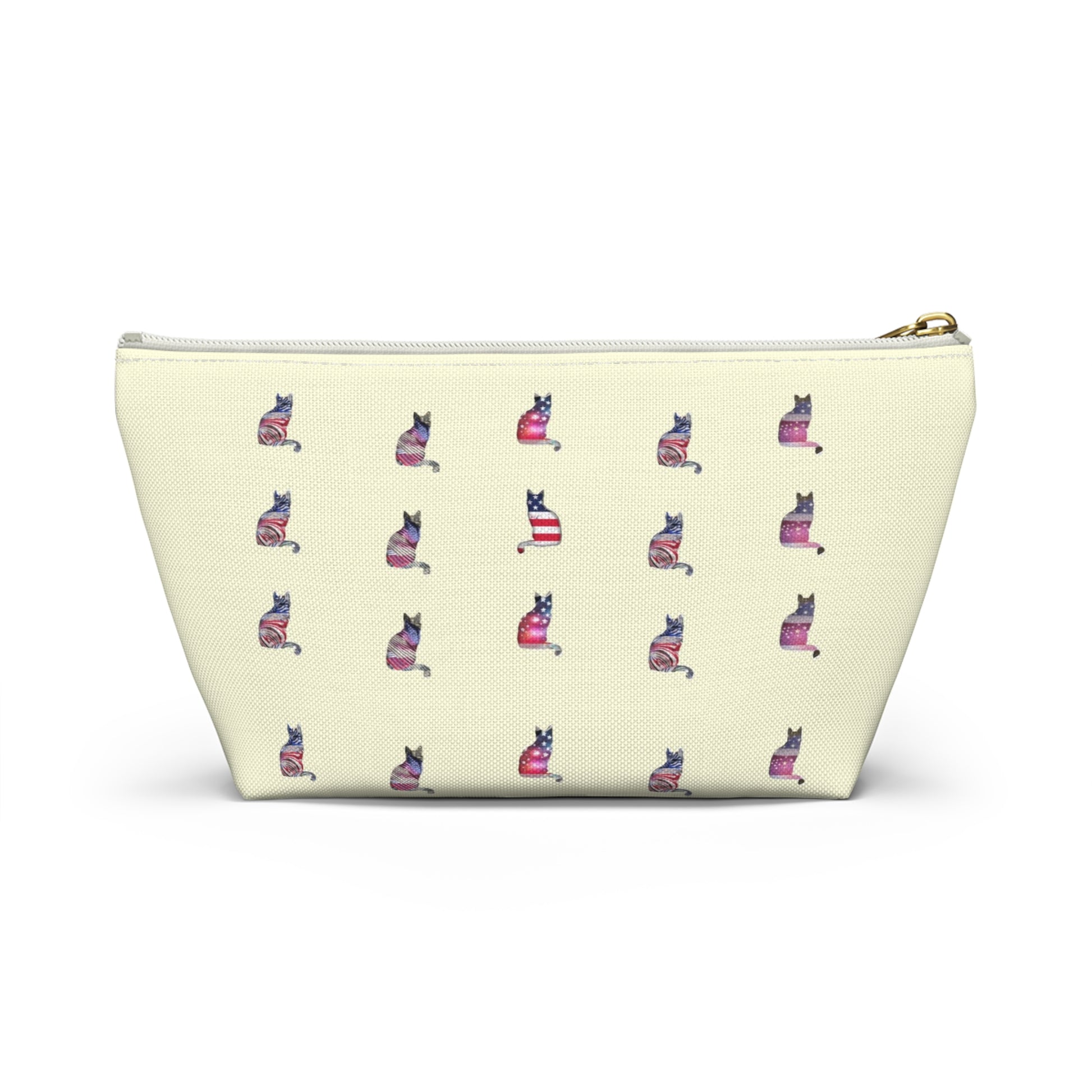 Cream color zipped accessory bag for organising makeup, cosmetics, travel essentials, toiltries, pencil case with 'LOVE' text and cat graphics in the colors of the American flag.