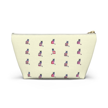 Cream color zipped accessory bag for organising makeup, cosmetics, travel essentials, toiltries, pencil case with 'LOVE' text and cat graphics in the colors of the American flag.