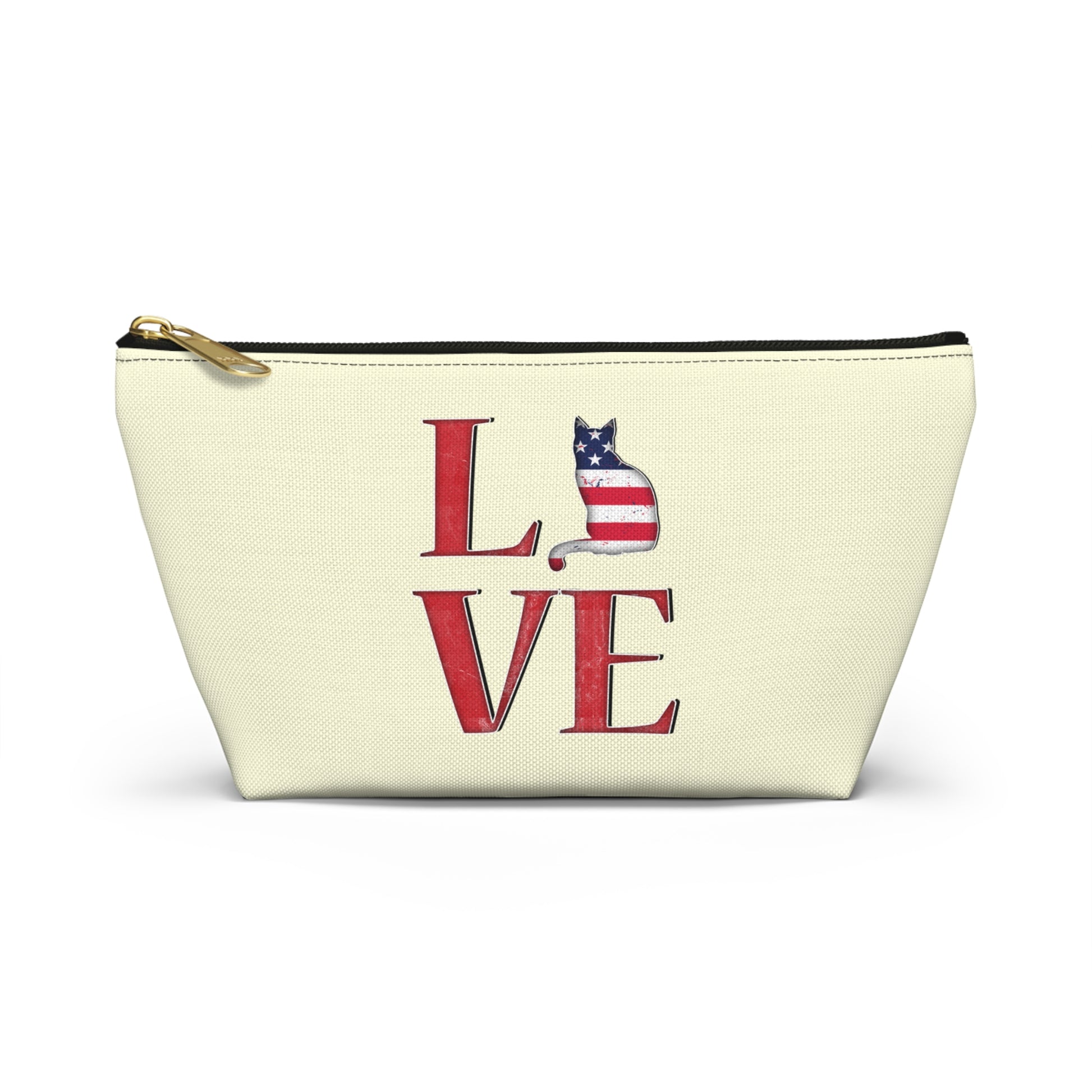 Cream color zipped accessory bag for organising makeup, cosmetics, travel essentials, toiltries, pencil case with 'LOVE' text and cat graphics in the colors of the American flag.