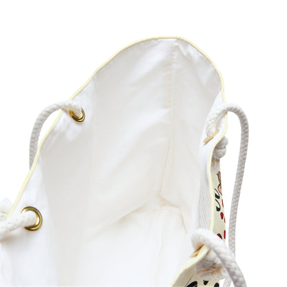 Cream colored tote bag with a Bengal cat, coffee cup, love hearts, coffee beans and 'Coffee Time' text  