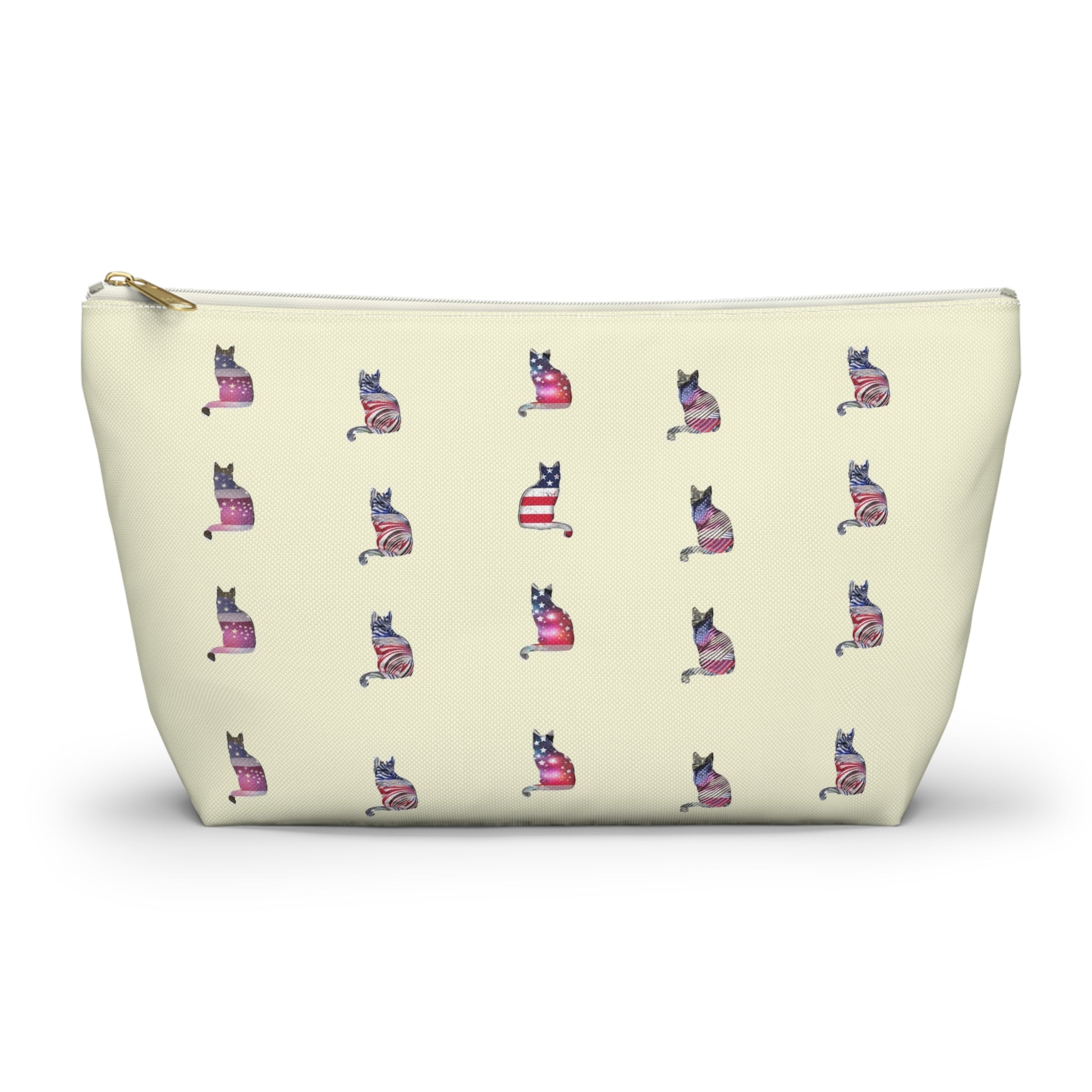Cream color zipped accessory bag for organising makeup, cosmetics, travel essentials, toiltries, pencil case with 'LOVE' text and cat graphics in the colors of the American flag.