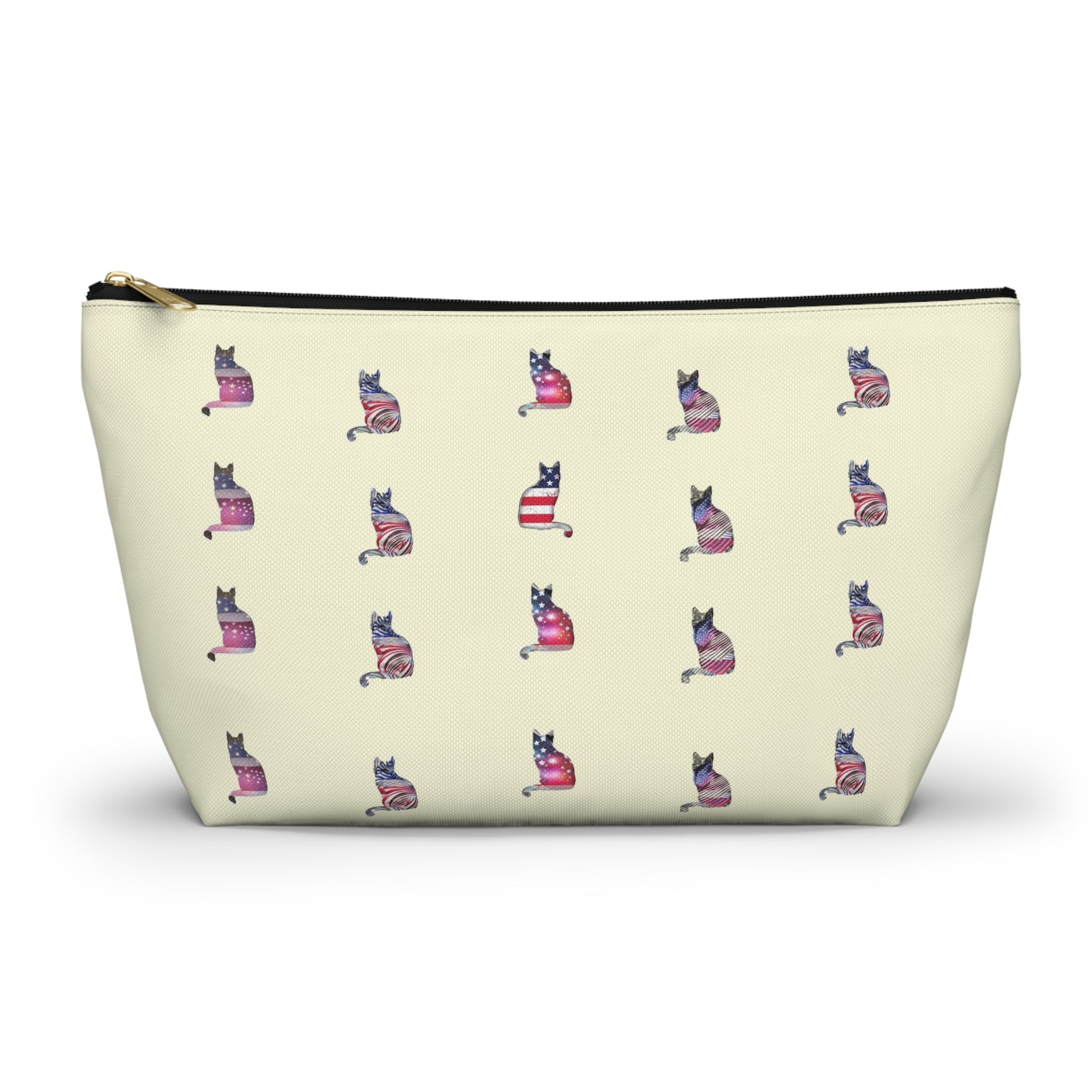 Cream color zipped accessory bag for organising makeup, cosmetics, travel essentials, toiltries, pencil case with 'LOVE' text and cat graphics in the colors of the American flag.