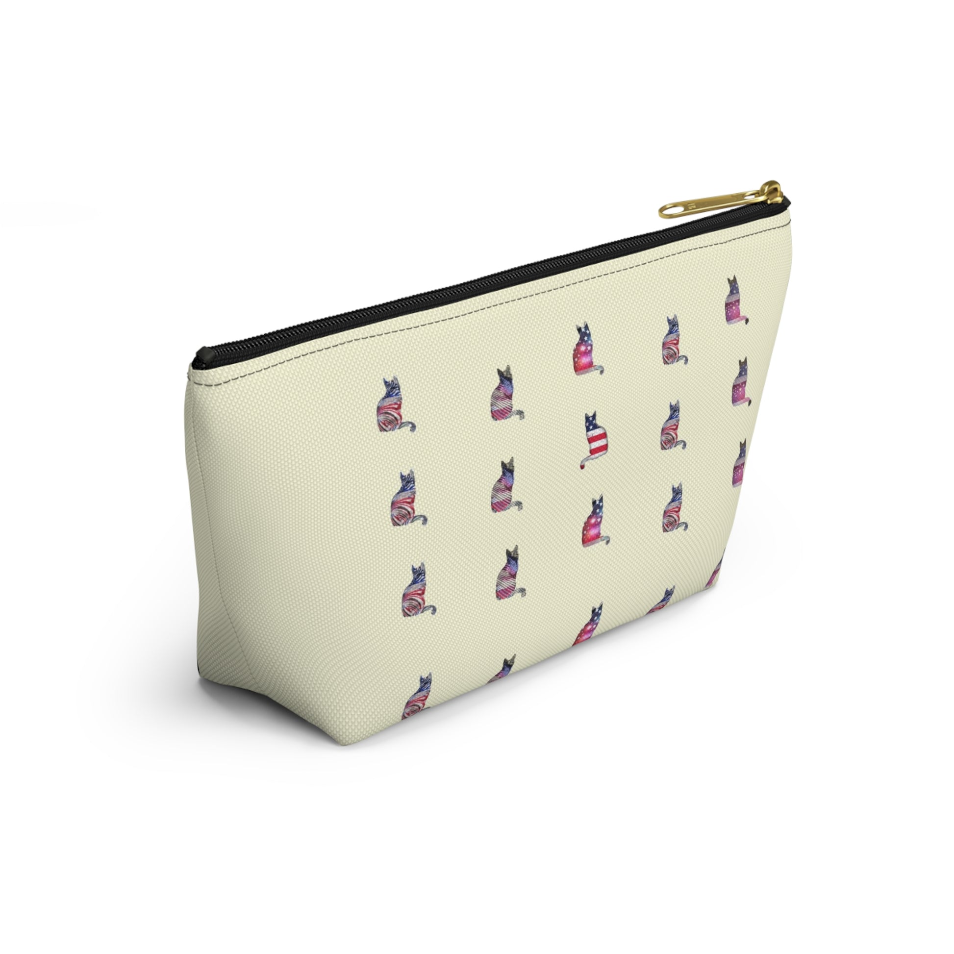 Cream color zipped accessory bag for organising makeup, cosmetics, travel essentials, toiltries, pencil case with 'LOVE' text and cat graphics in the colors of the American flag.