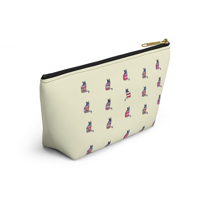 Cream color zipped accessory bag for organising makeup, cosmetics, travel essentials, toiltries, pencil case with 'LOVE' text and cat graphics in the colors of the American flag.